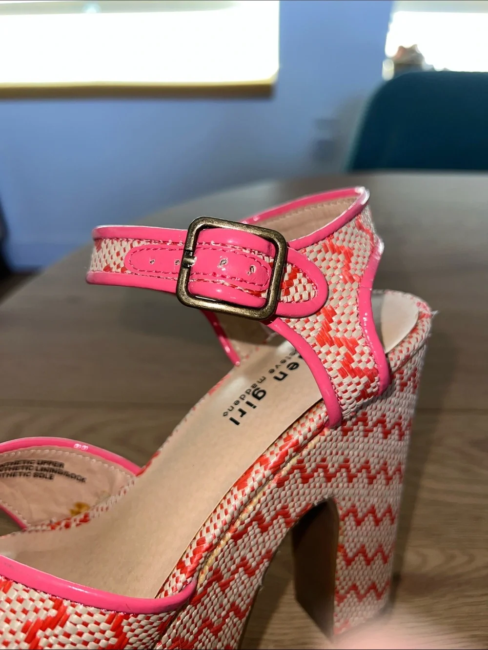 NWOB Madden Girl Coral & Cream Woven Platform Wedges with Ankle Strap